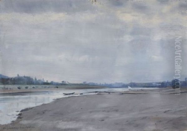 Flussufer Mit Steg Und Booten (+ Landschaftsszene, Verso) Oil Painting by Helmut Schaarschmidt