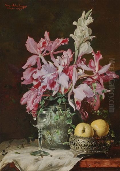 Still Life With Iris And Gladioli Oil Painting by Gabriel Schachinger