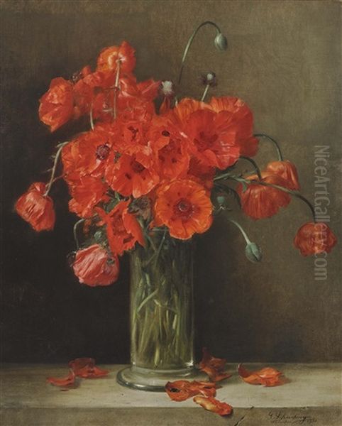 Corn Poppy In Glass Vase Oil Painting by Gabriel Schachinger