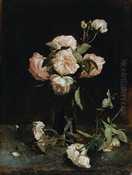 Rosa Rosenbouquet In Einer Vase Oil Painting by Gabriel Schachinger