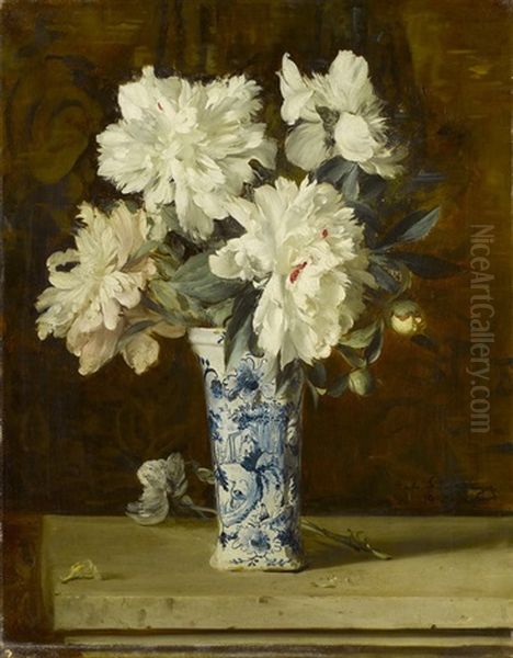 Weisses Pfingstrosenbouquet In Einer Delfter Vase Oil Painting by Gabriel Schachinger