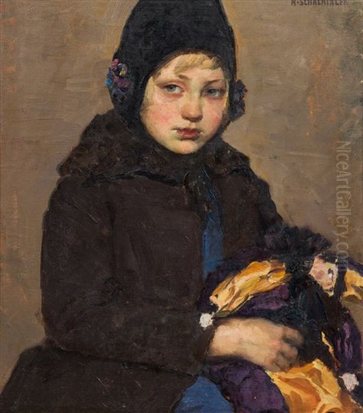 Kind Mit Wurschtl (portrat Der Tochter Des Kunstlers) Oil Painting by Hans Schachinger