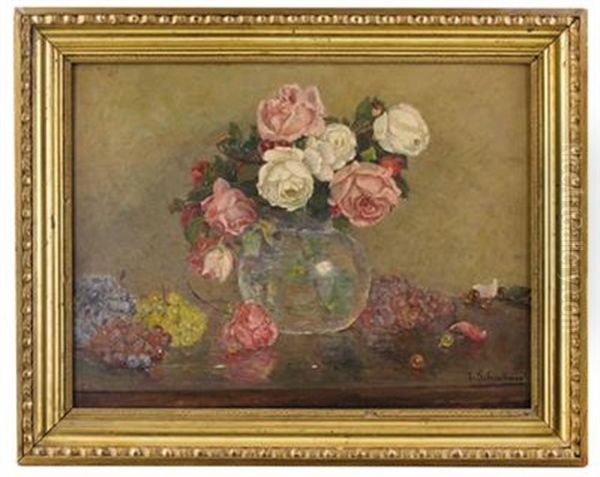 Stillleben Mit Rosenvase Und Trauben Oil Painting by Therese Schachner