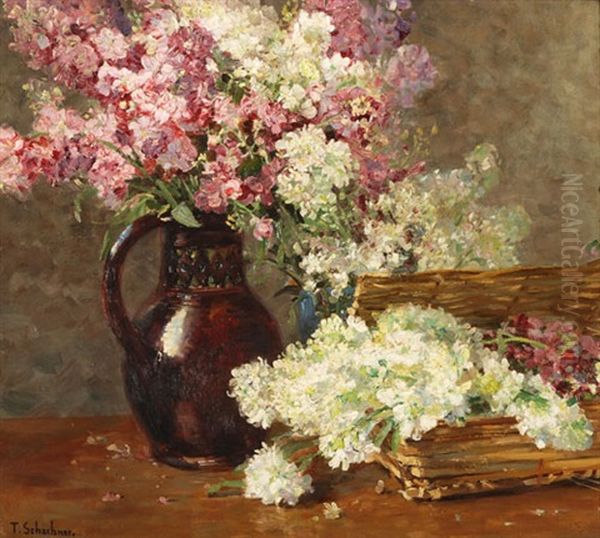 Blumenstilleben Mit Weissem Und Lila Flieder Oil Painting by Therese Schachner