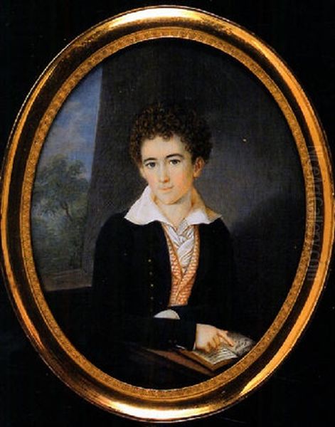 A Young Boy Called Peter Markus Koch Bembier, Seated, In Dark Blue Coat, Orange And White Striped Waiscoat Oil Painting by Heinrich Franz Schack