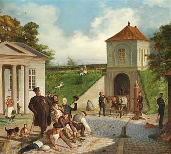 Kobenhavnsk Genrescene (kastellet?) En Hestevogn Korer Gennem Porten Oil Painting by Sophus Schack