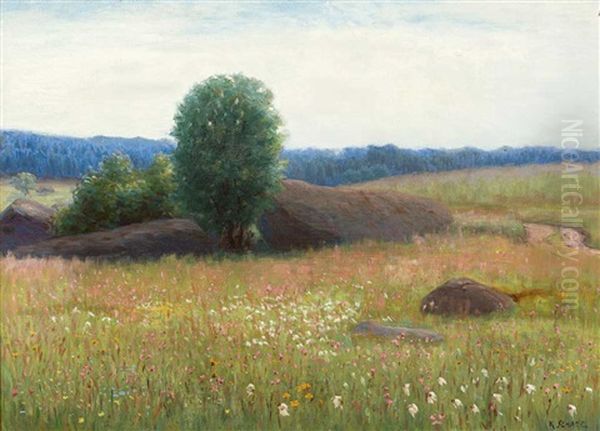 Bluhende Fruhlingswiese Mit Riesigem Stein Und Baum In Der Mitte Oil Painting by Karl Martin Schade