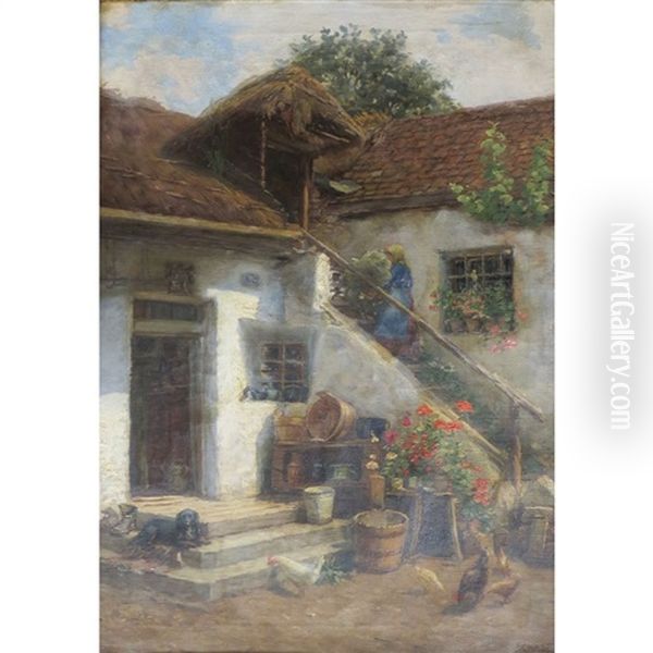 Farmhouse Yard And Landscape Study : A Double-sided Work Oil Painting by Karl Martin Schade