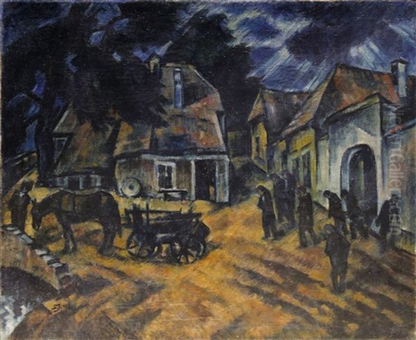 Scene De Village Oil Painting by Janos Schadl