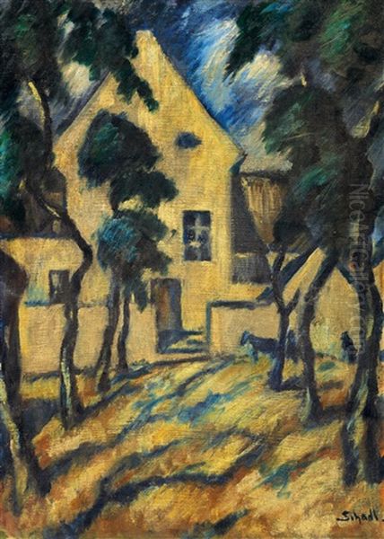 House With Trees Oil Painting by Janos Schadl