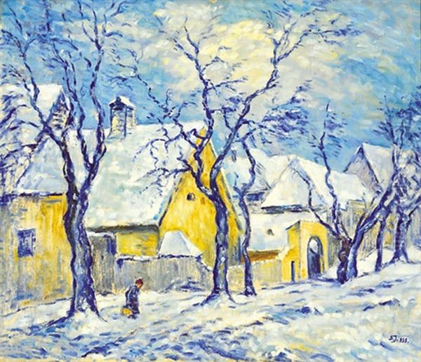 Small Town In Winter Oil Painting by Janos Schadl