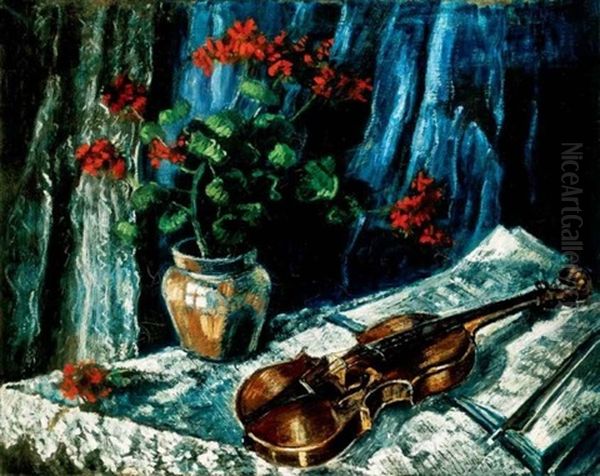 Csendelet Hegeduvel Kek Hatterben (still Life With A Violin In Front Of Blue Background) by Janos Schadl