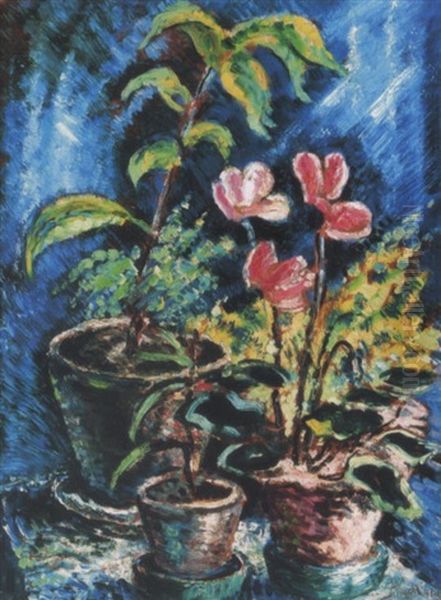 Csendelet Ciklamennel (still Life With Cyclamen) Oil Painting by Janos Schadl