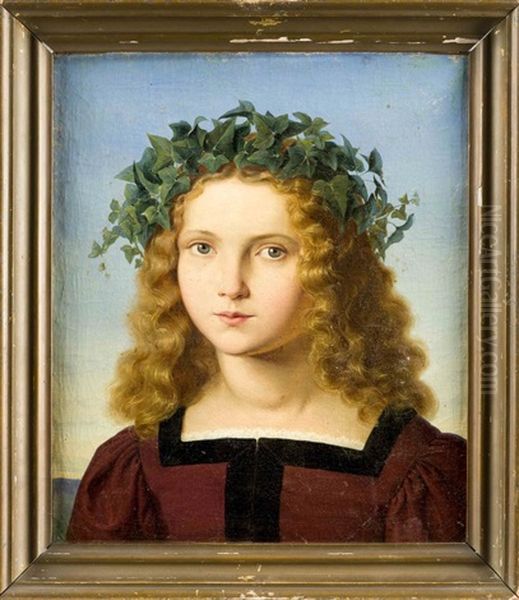 Brustbildnis Eines Jungen Madchens Im Auberginfarbenem Kleid Mit Efeukranz Im Haar, Den Betrachter Anblickend Oil Painting by Friedrich Wilhelm von Schadow