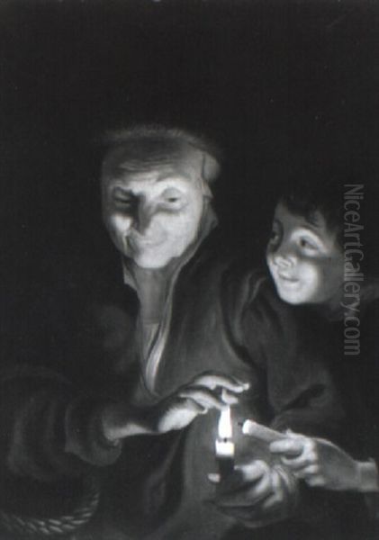 An Old Woman And Young Boy Lighting Candles Oil Painting by Gottfried (Johann Gottfried) Schadow