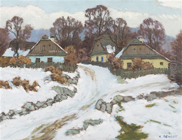 Cottages In Winter Oil Painting by Karl Schadt