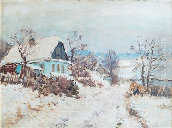 Winter In Village Oil Painting by Karl Schadt