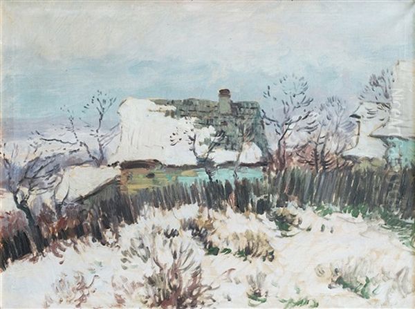 Village In Winter Oil Painting by Karl Schadt