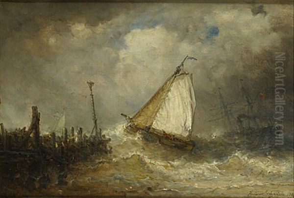 Verlaten Van De Haven Bij Woelige Zee Oil Painting by Hendrik Frans (Henri) Schaefels