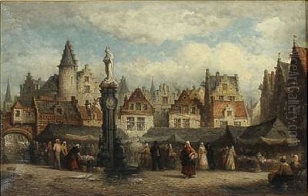 Market Scene In A Belgian Town, Presumably Antwerp Oil Painting by Hendrik Frans (Henri) Schaefels