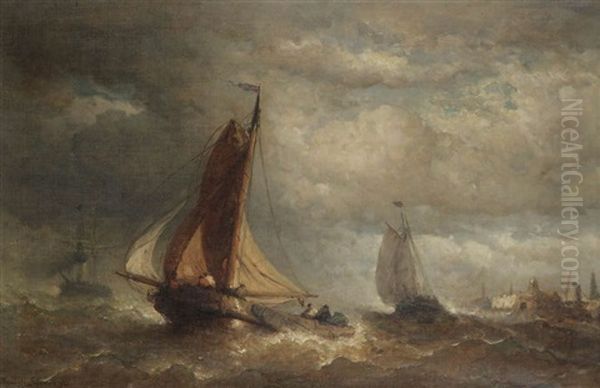 Voiliers Devant La Cote Par Temps Orageux Avec Port Hollandais A L'arriere-plan Oil Painting by Hendrik Frans (Henri) Schaefels