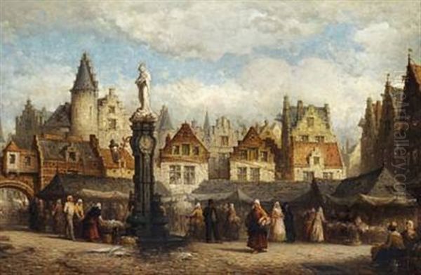 Market Scene In A Belgian Town (antwerp?) Oil Painting by Hendrik Frans (Henri) Schaefels