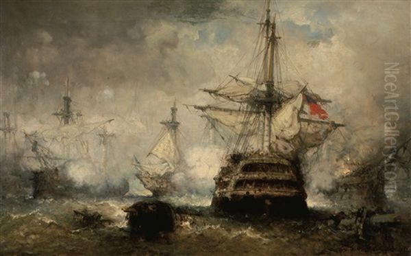 Combat Naval - Zeeslag Oil Painting by Hendrik Frans (Henri) Schaefels