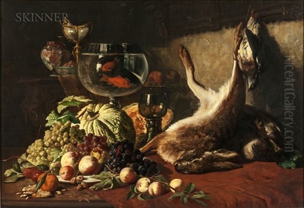 Still Life With Fruit, Goldfish, And Hare Oil Painting by Lucas Victor Schaefels