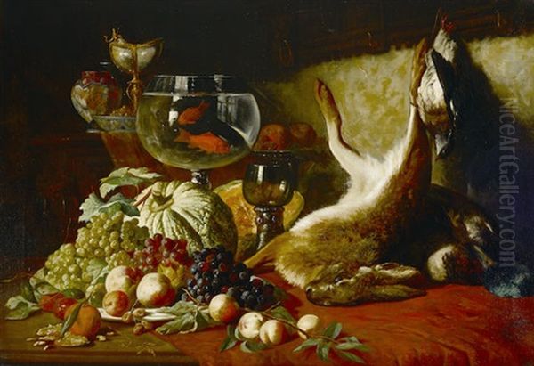 A Still Life With Fruit, Goldfish And Dead Hare Oil Painting by Lucas Victor Schaefels