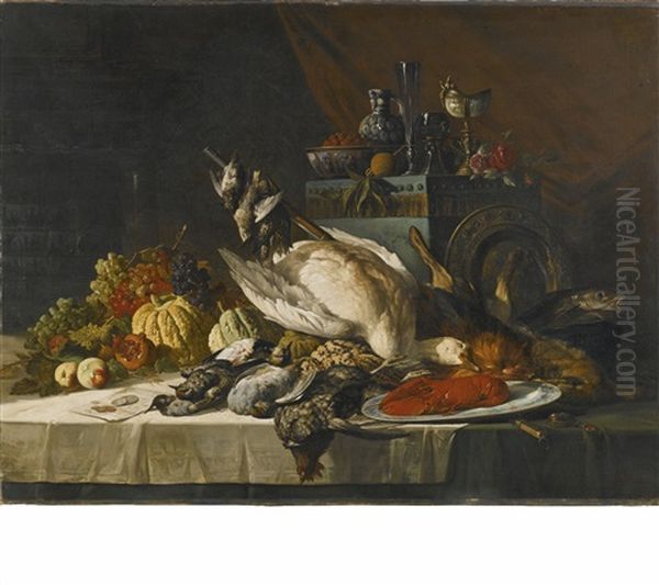 Still-life With Vegetables, Fruit, Fish And Game Oil Painting by Lucas Victor Schaefels