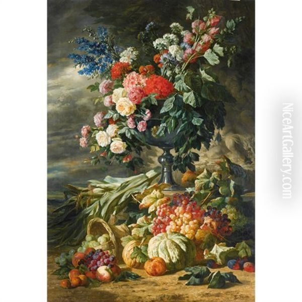 Vase De Fleurs Et Fruits D'automne Oil Painting by Lucas Victor Schaefels