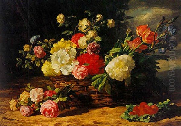 A Still Life With Flowers In A Basket Oil Painting by Lucas Victor Schaefels