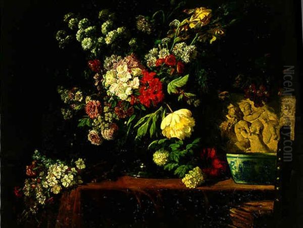 Roses, Lilacs, Peonies, Irises And Other Flowers, With Grapes On The Draped Table In An Interior Oil Painting by Lucas Victor Schaefels