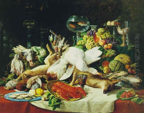 A Still Life With Fruit, Fish Game And A Goldfish Bowl Oil Painting by Lucas Victor Schaefels