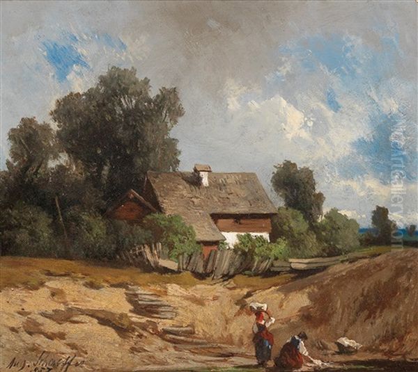 Washerwomen By The River Oil Painting by August Schaefer von Wienwald