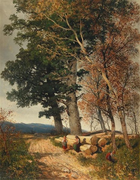 Landscape In Lower Austria With Decorative Figures Oil Painting by August Schaefer von Wienwald