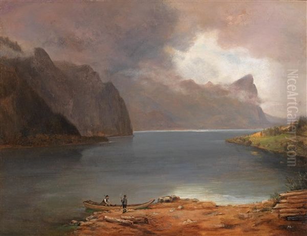 Scene On The Mondsee Oil Painting by August Schaefer von Wienwald