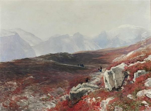 Bluhende Alpenrosen Im Hochgebirge Mit Wanderern Oil Painting by August Schaefer von Wienwald