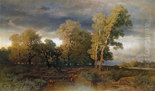 Auenlandschaft Mit Rotwild An Der Wasserstelle Oil Painting by August Schaefer von Wienwald