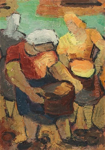 Two Women With Buckets Oil Painting by Fritz Schaefler