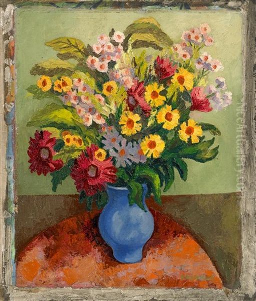 Blumenstraus In Blauer Vase Oil Painting by Fritz Schaefler