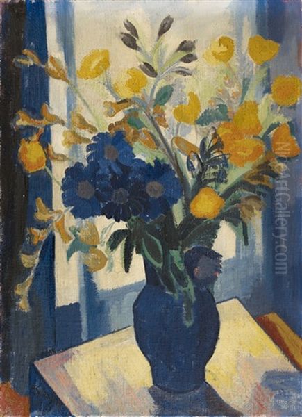 Blumenstraus In Blauer Vase Oil Painting by Fritz Schaefler