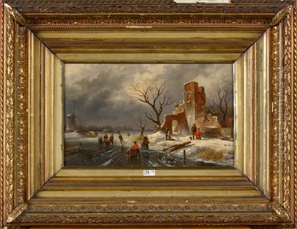 Paysage Hivernal Aux Patineurs Oil Painting by Henri Adolphe Schaep