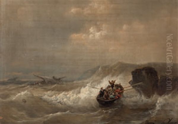 Sturmische See Mit Fischerbooten In Not Oil Painting by Henri Adolphe Schaep