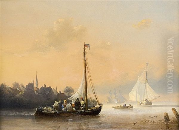 Harbor Oil Painting by Henri Adolphe Schaep