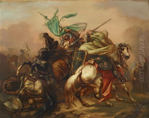 Battle Scene With Warriors And Horses Oil Painting by Theodore Schaepkens