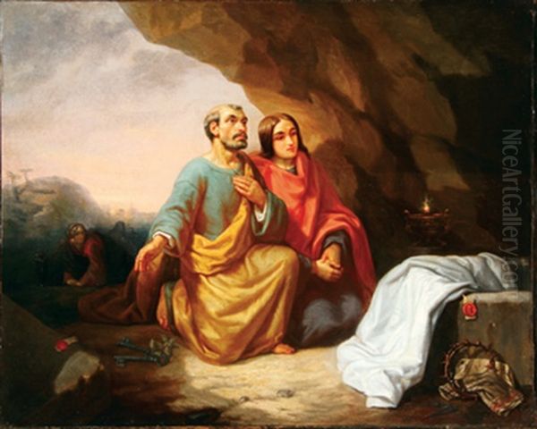 St. Peter And St. John At The Empty Tomb Of Christ Oil Painting by Theodore Schaepkens