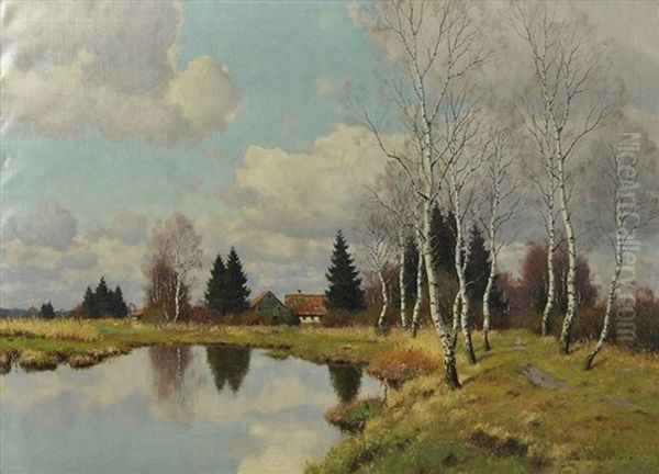 Landschaft Mit Birken Am Weiher (dachauer Moos) Oil Painting by Karl Schaette