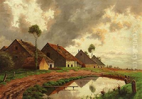 A Cloudy Day With Peasant Houses At A Pond Oil Painting by Karl Schaette