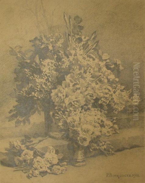 Lot De 3 Natures Mortes Aux Bouquets De Fleurs Oil Painting by Pierre Bourgogne